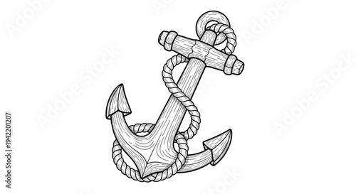 A minimalist line art anchor icon with rope details on a transparent background