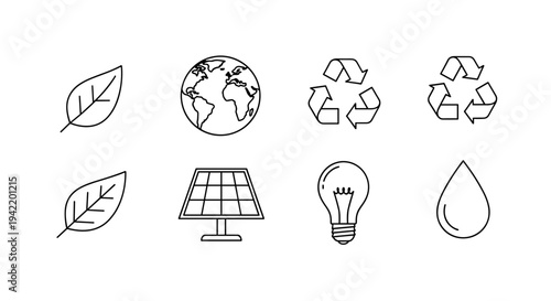 A set of eco-friendly icons representing sustainability and environmental conservation