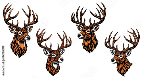 Collection of four highly detailed, stylized illustrations showcasing majestic deer heads with impressive antlers featuring intricate tribal or ornate patterning in warm earth tones.