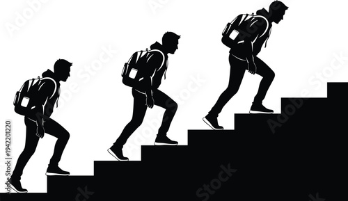 Student silhouette climbing stairs with backpack showing step by step progress, personal growth, career development concept black vector isolated on white background