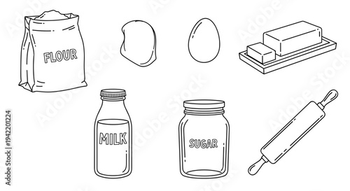 A minimalist vector illustration of baking ingredients and tools on a clean white background