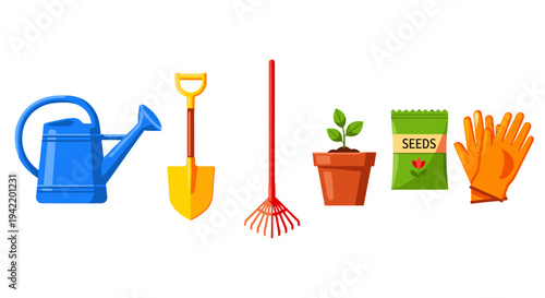 A colorful vector illustration of gardening tools and accessories on a white background