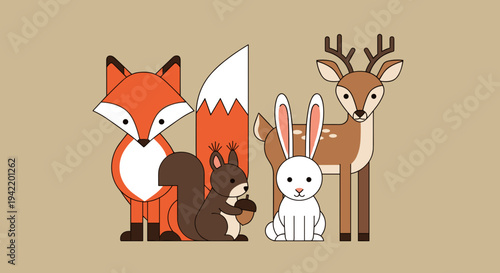 A colorful vector illustration of a fox, squirrel, rabbit, and deer standing together in a forest setting.