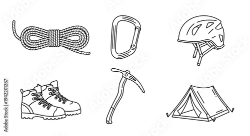A minimalist vector graphic illustration of various climbing and camping equipment on a white background