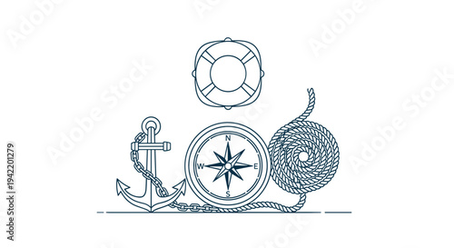 A minimalist vector graphic illustration of nautical symbols including an anchor, compass, rope, and life preserver on a white background.