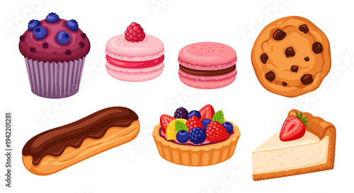 A colorful vector illustration of various sweet desserts on a white background
