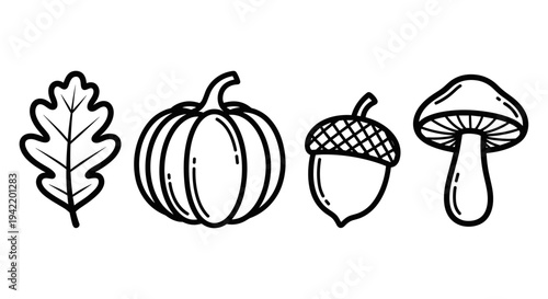 A minimalist vector illustration of autumnal icons including a leaf, pumpkin, acorn, and mushroom