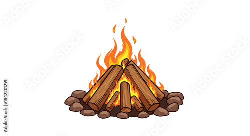 A vibrant vector graphic illustration of a campfire burning with flames and logs on a white background
