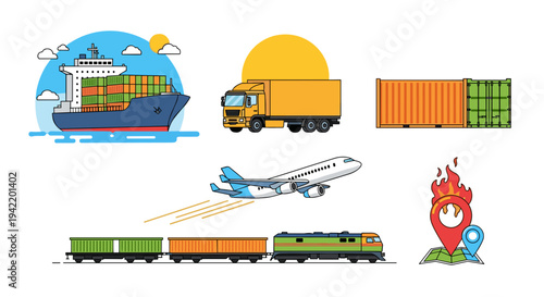 A colorful vector graphic illustrating various modes of transportation and logistics