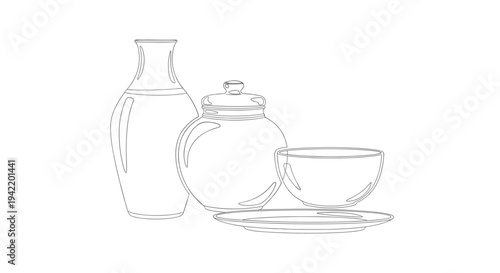 A minimalist line art illustration of a tea set consisting of a teapot, cup, and saucer.