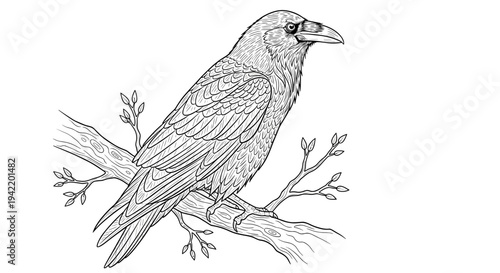 A minimalist vector illustration of a bird perched on a branch with leaves