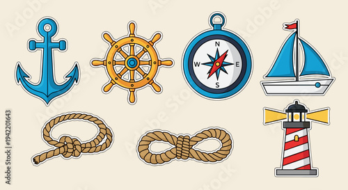 A set of nautical icons including an anchor, ship wheel, compass, sailboat, lighthouse, and ropes in a flat, minimal design style.