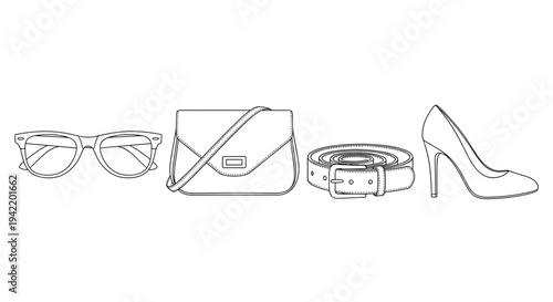 A minimalist line art illustration of fashionable accessories including glasses, purse, belt, and high heel shoe.