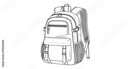 A minimalist line art illustration of a backpack on a plain white background