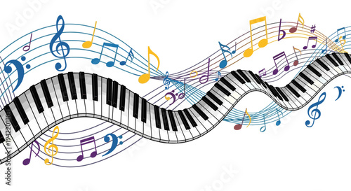 A colorful vector illustration of a piano keyboard with swirling musical notes and symbols in a vibrant and dynamic design
