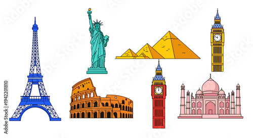 A colorful vector graphic illustration of famous landmarks from around the world