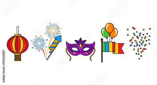 A colorful vector graphic illustration of festive carnival icons on a white background