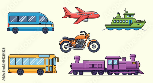 A colorful vector graphic illustration of various transportation vehicles including a bus, airplane, boat, school bus, motorcycle, and train.