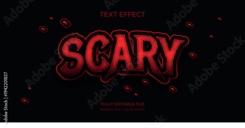 A scary word text effect with editable text style in red color luxury shine