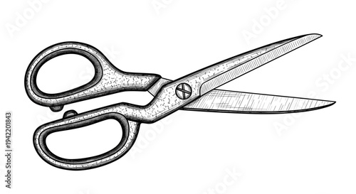 A detailed illustration of a pair of scissors with a stippled design on a plain background