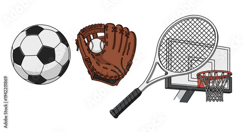 A vector graphic illustration of various sports equipment including a soccer ball, baseball glove, tennis racket, and basketball hoop.