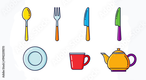 A colorful vector illustration of kitchen utensils and dishes on a white background