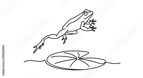 A minimalist vector illustration of a frog jumping over a lily pad in a simple line art style
