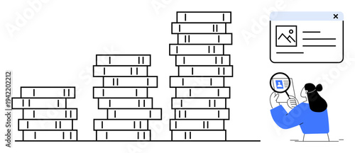 Financial growth concept. Stacked coins depict wealth growth alongside a character analyzing a document. Financial growth, auditing, and data-driven decisions for businesses and analytics. Perfect