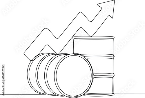 Oil barrels with rising arrow graph in continuous line art for energy market