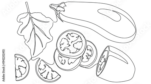 Continuous line drawing of eggplant vegetable with slices and leaf on transparent