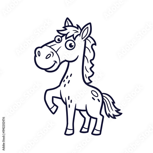 A cartoon horse stands with one leg raised and a smile on its face.