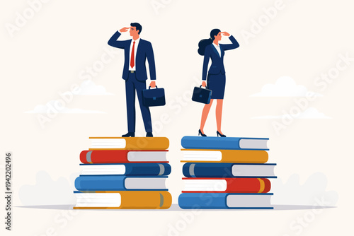 Businessman and Businesswoman Standing on Stacks of Books Looking at Future in Opposite Directions, Concept of Education, Knowledge, Career Growth, Vision, and Professional Success Vector Art.