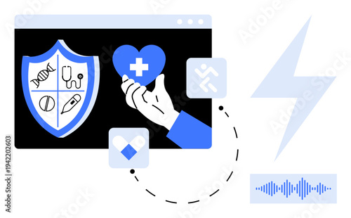 Healthcare technology. Digital healthcare integration promoting medical efficiency and patient care. Healthcare innovation transforming diagnostics and health systems. For medtech, telemedicine