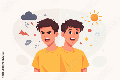 Vector illustration of a young man experiencing extreme mood swings and bipolar disorder, showing a split personality with expressions of intense anger and joyful happiness in a flat design.