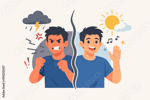Vector Illustration of a Man with Bipolar Disorder and Mood Swings, Representing the Contrast Between Intense Anger and Cheerful Happiness, Mental Health and Emotional Regulation Concept