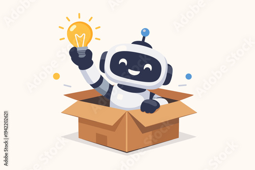 Cute Robot Character Holding a Glowing Lightbulb and Popping Out of a Cardboard Box, Representing Innovation, Creative Thinking, Artificial Intelligence, and New Ideas, Flat Vector Illustration.