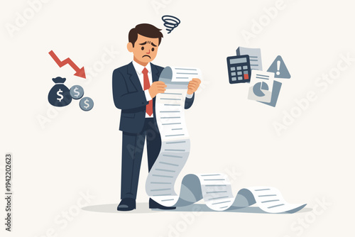 Stressed Businessman Looking at Long Bill or Financial Statement, Concept of Debt, Bankruptcy, Economic Crisis, and Business Loss with Money Icons and Calculator, Flat Vector Illustration.