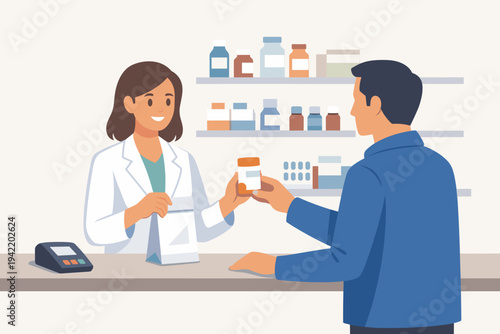 Female pharmacist in white lab coat handing prescription medication bottle to a male patient at a drugstore counter with shelves of medicine bottles in background, flat vector illustration.