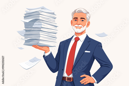 Senior Confident Businessman in Blue Suit and Red Tie Holding Large Stack of Paperwork Effortlessly with One Hand, Smiling Professional Executive Managing Heavy Workload, Vector Illustration