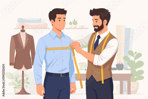 Professional tailor measuring a male client's chest with a yellow tape in a modern fashion atelier. Flat vector illustration featuring a suit mannequin, sewing machine, and fabric rolls.