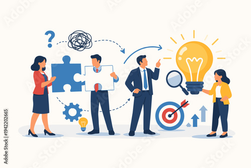Business Team Collaborating to Solve Complex Problems and Find Creative Solutions with Puzzle Pieces and Light Bulb Concept for Innovation Strategy Success and Effective Teamwork Illustration