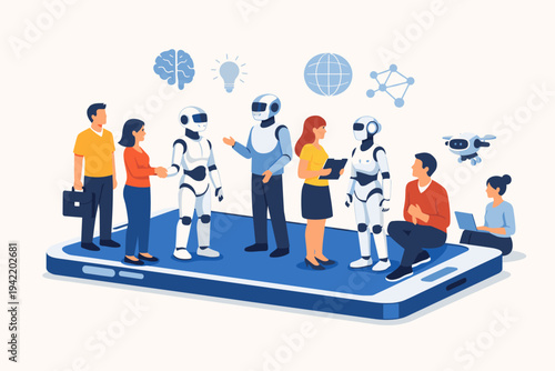 Human and Robot Interaction on Smartphone Screen Vector Illustration Representing Artificial Intelligence, Future Technology, Digital Communication, and Collaborative Innovation Concept