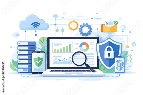 Digital technology and big data analysis concept with computer secured network, cybersecurity protection, cloud computing, data analytics dashboard, and mobile security flat vector illustration.