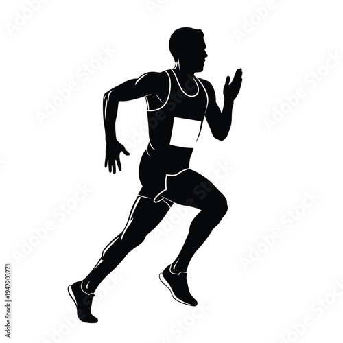 Silhouette of a male runner in mid-stride, captured in motion against a white background.