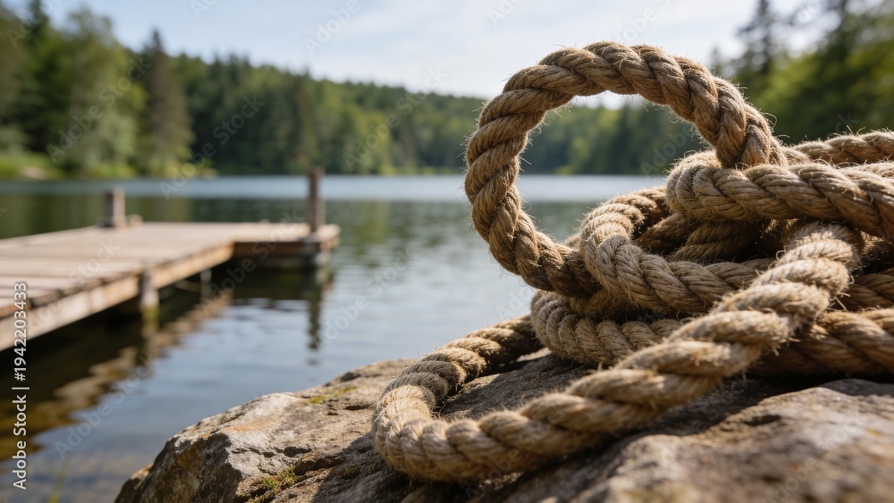 Fototapeta premium Nautical thick hemp rope coiled on rock, rustic wooden pier on calm lake background, natural outdoor landscape with forest and water