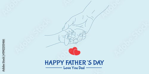 Illustration of a heartwarming fathers day card with a handdrawn design on a light blue background with a red heart and blue text