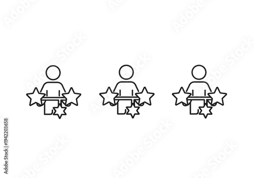 Set of stick figures holding up stars, outline icons for achievement, rating, and success concepts