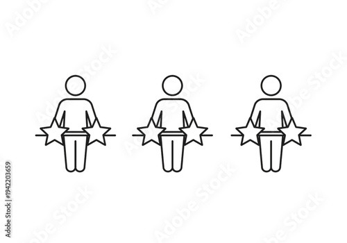 Set of stick figures holding up stars, outline icons for achievement, rating, and success concepts