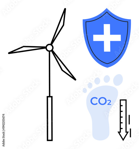 Renewable energy, low carbon emissions, eco-friendly solutions, climate action, green technology, sustainability. Wind turbine, shield with cross carbon footprint downward arrow. Renewable energy