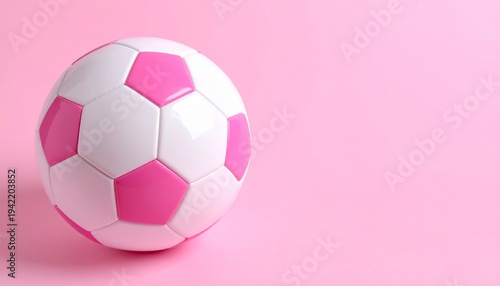 Pink and white soccer ball on solid pink background, symbolizing playful sports design.